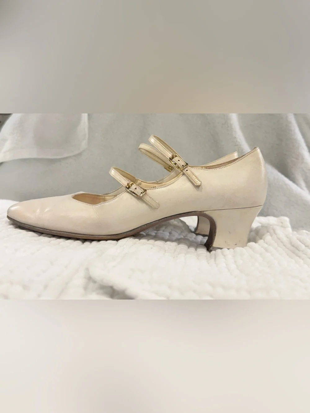 Cream Mary Jane Low Heel Pumps with Double Straps